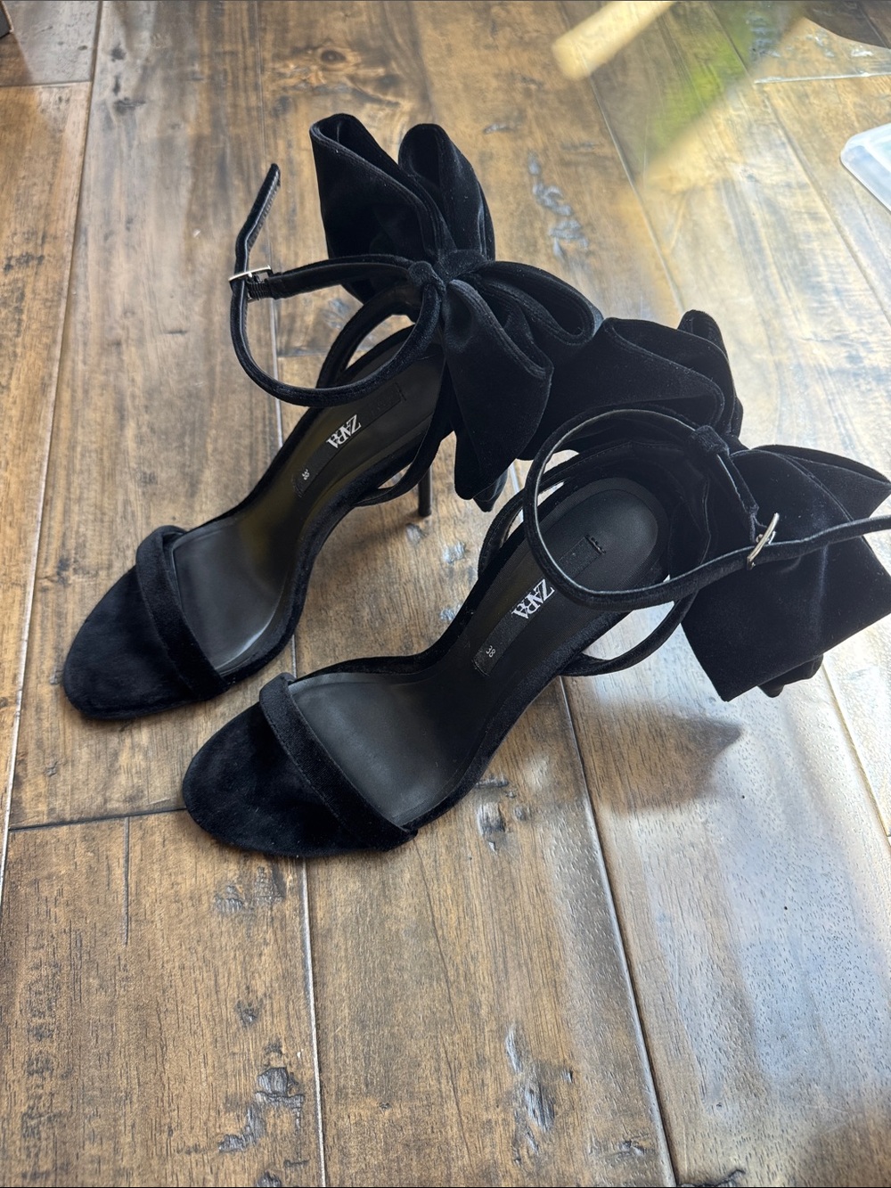ZARA Black Velvet Bow-Strap Open-Toe Heels